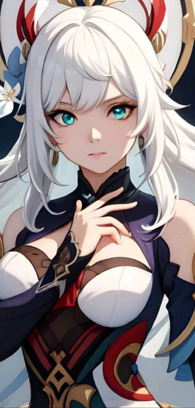 Anime character with white hair and vivid attire in fantasy art style.