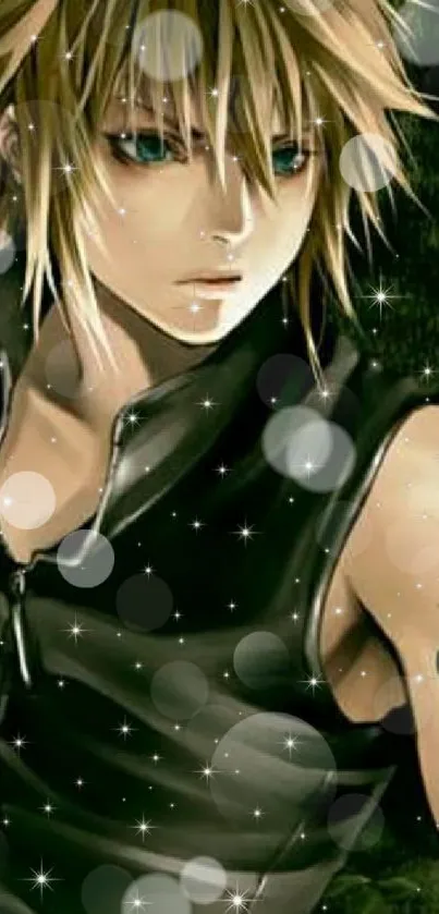 Anime character with blond hair, tattoo, and fantasy elements in a dark forest.