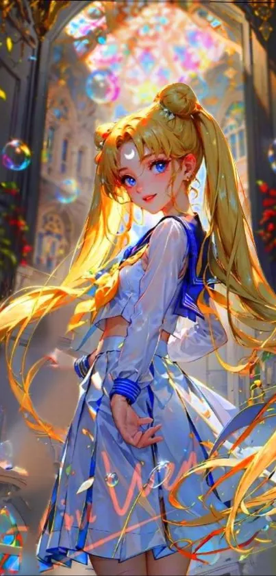 Anime character with long hair in vibrant, colorful fantasy setting.