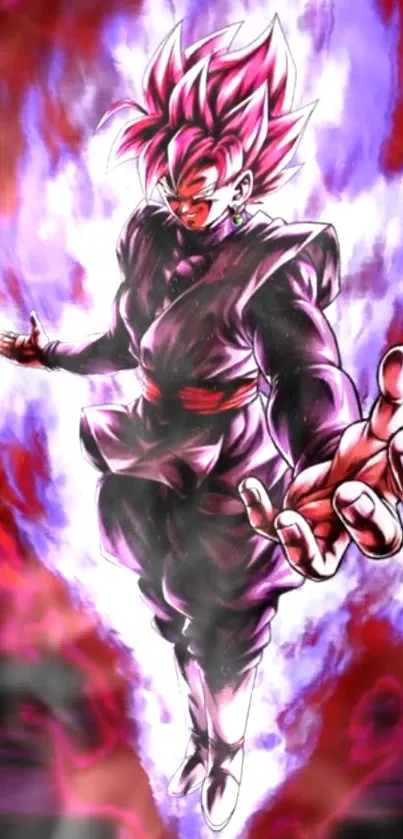 Anime character in dynamic pose with fiery red and purple aura.