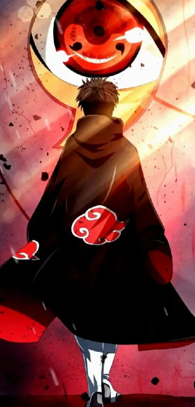 Anime character with a fiery eye symbol in a dynamic red design.