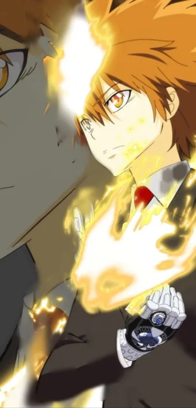 Anime character in suit with fiery aura and glowing energy.