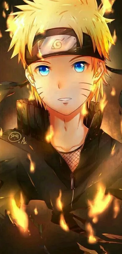 Fiery anime character with blonde hair and blue eyes surrounded by golden flames.