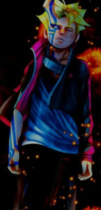 Vibrant anime character with fiery background.