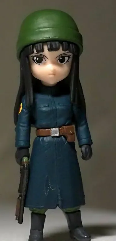 Anime figurine in military outfit with green helmet.