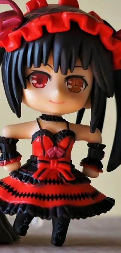 Anime figurine with red and black dress on mobile wallpaper.