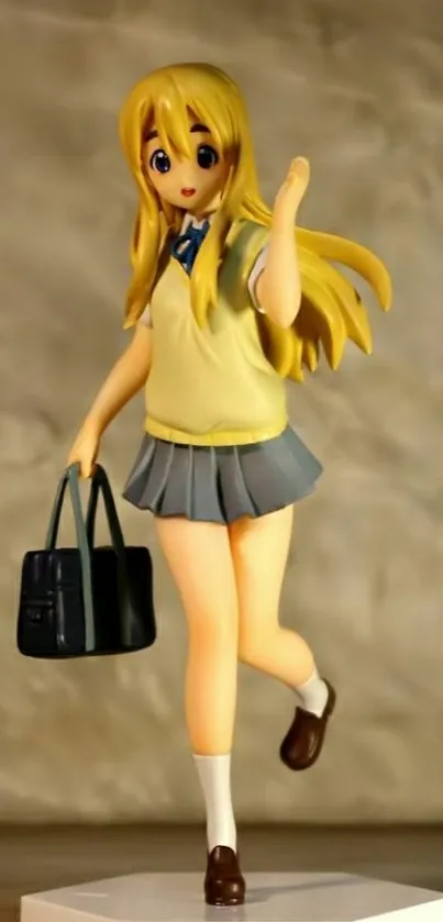 Anime figurine of a schoolgirl with a bag, in beige tones.