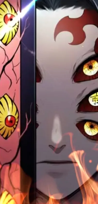 Anime character with multiple fiery eyes and red patterns.