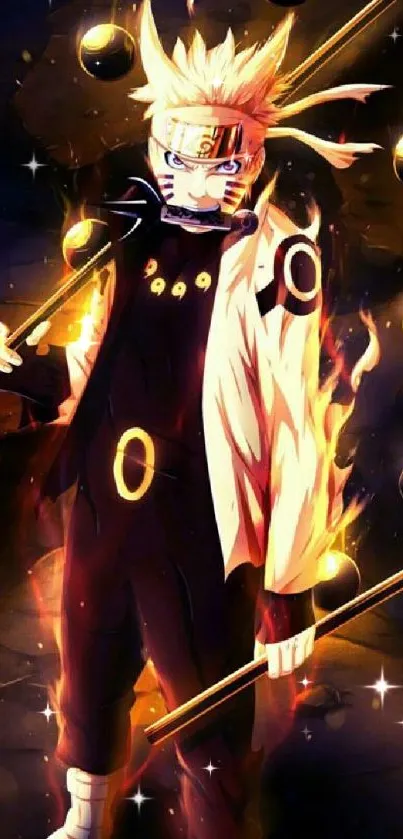 Energetic anime character surrounded by dynamic flames and glowing orbs.