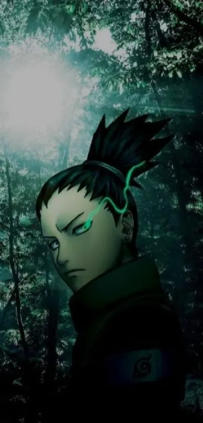 Anime character glowing in dark forest scene.