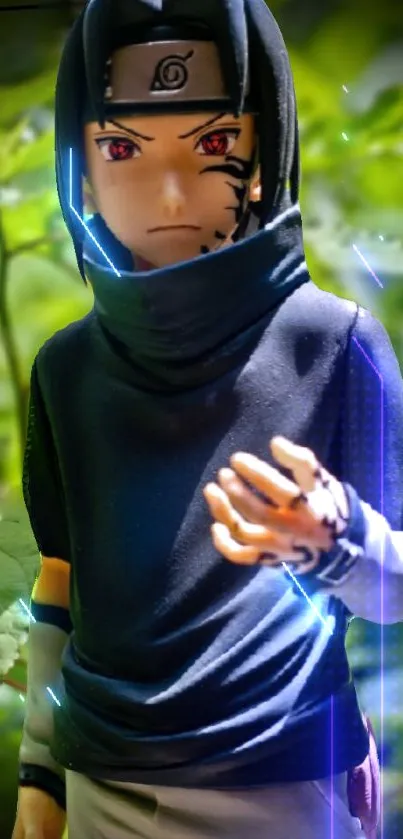 Anime character in forest setting, vivid colors.
