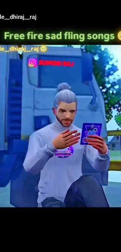 Anime character holding cards in a gaming scene.