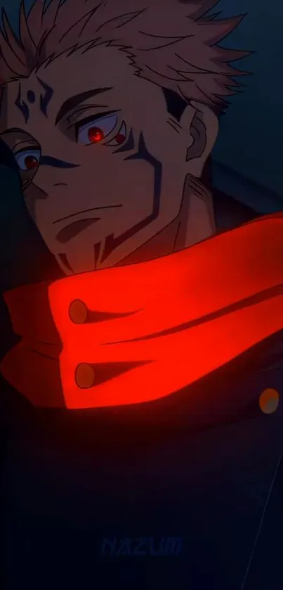 Anime character with glowing red scarf in dark setting.