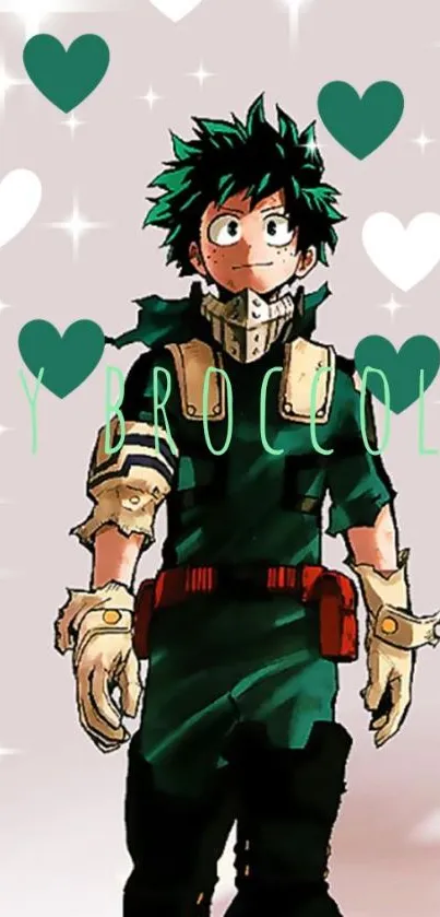 Anime hero with hearts and sparkles on green background.