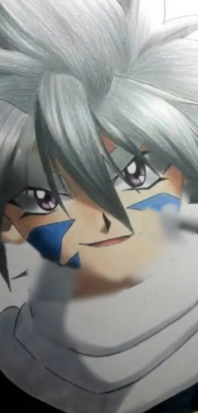 Anime character with grey hair and face markings in bold colors.