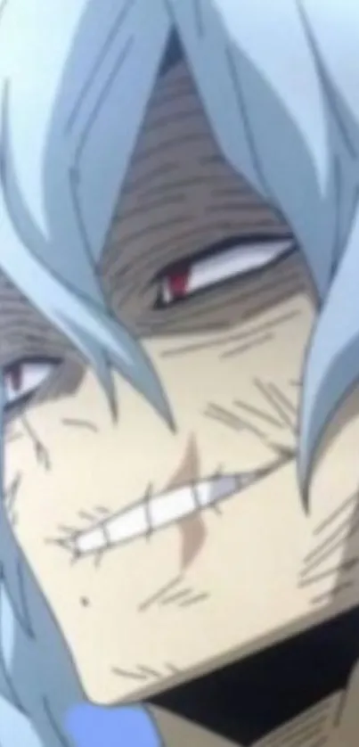 Anime character with light blue hair grinning menacingly.