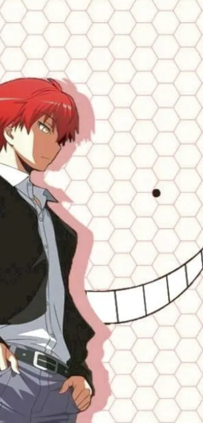 Anime character with red hair and hexagon backdrop on mobile wallpaper.