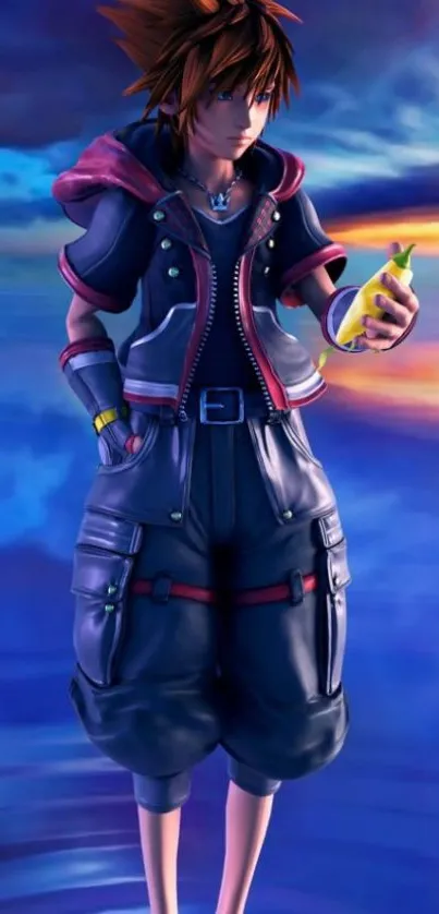 Anime character holding a banana with a vibrant background.