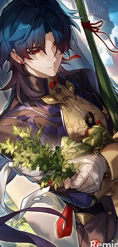 Anime character in dynamic pose holding plant.