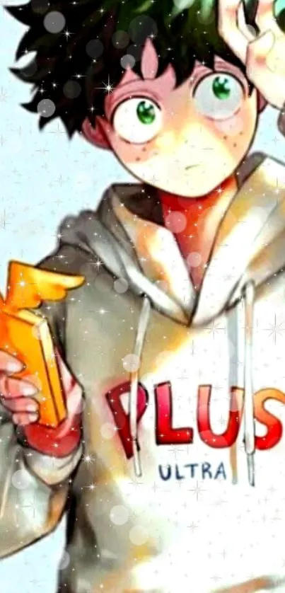 Anime character holding object in hoodie.