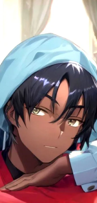 Anime character in blue hoodie resting on arm, looking thoughtful.