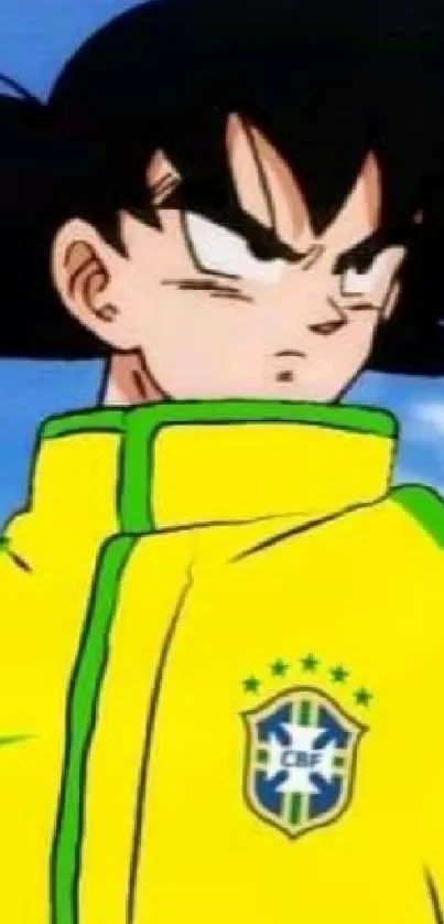 Anime character in yellow Brazil jacket against blue sky.