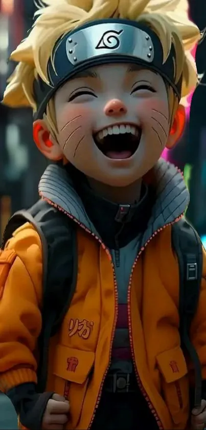 Anime character in orange jacket, smiling in a vibrant cityscape.