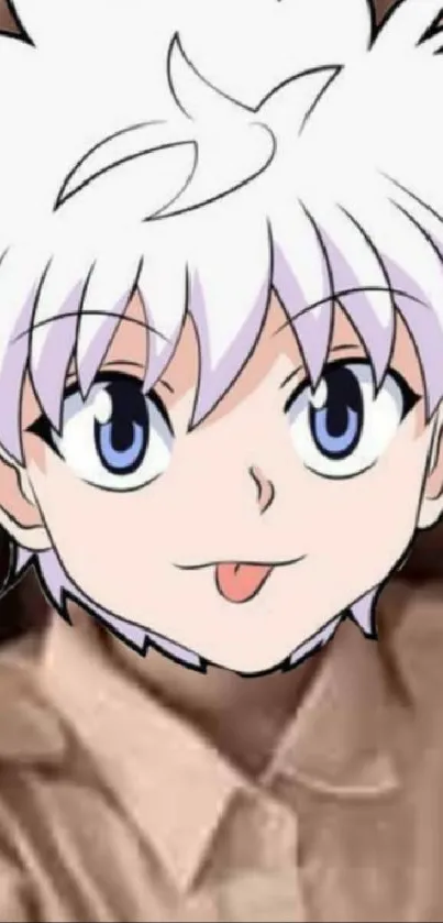 Anime character with white hair and blue eyes in classroom setting.