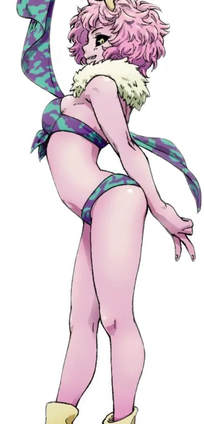 Anime character with pastel purple and green bikini on white background.