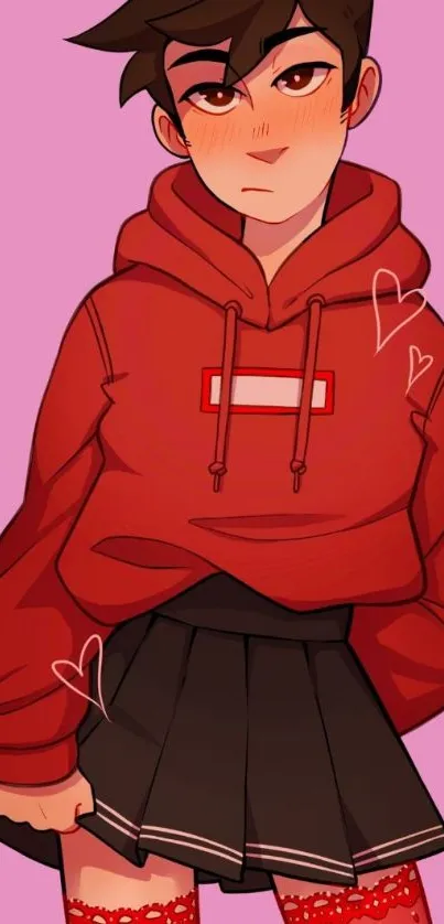 Anime character in red hoodie with pink background.