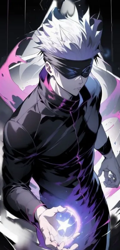 Anime character with white hair and dark attire, holding a purple glowing orb.