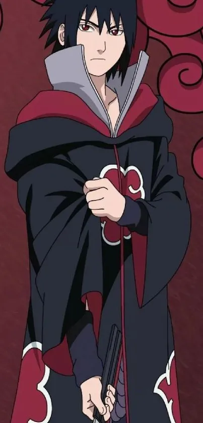 Anime character in a dark red cloak with a stylish design.