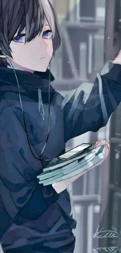 Anime character in dark hoodie holding books in a library scene.