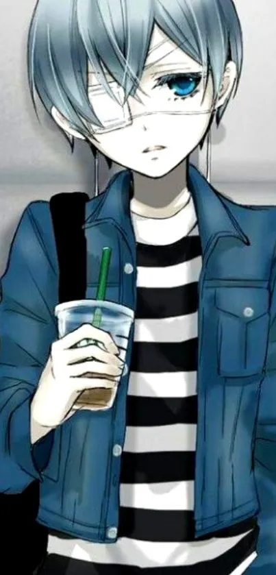 Anime character in blue denim holding a drink with gray hair and striped shirt.