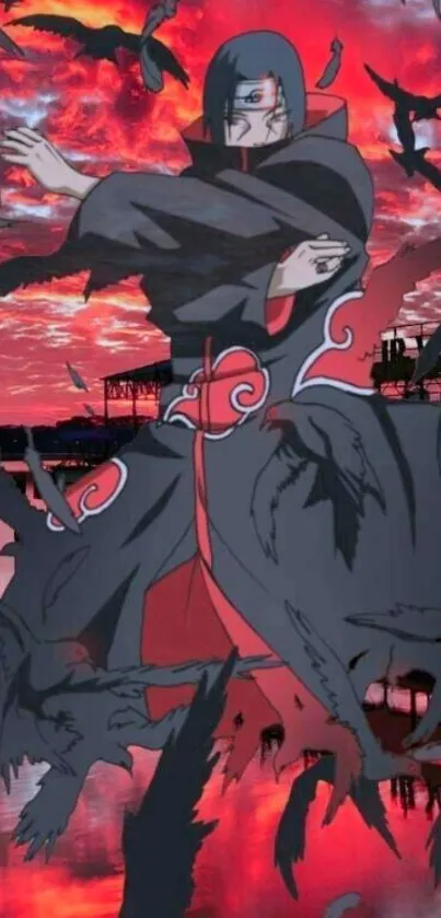 Anime character amidst crows in sunset scene.