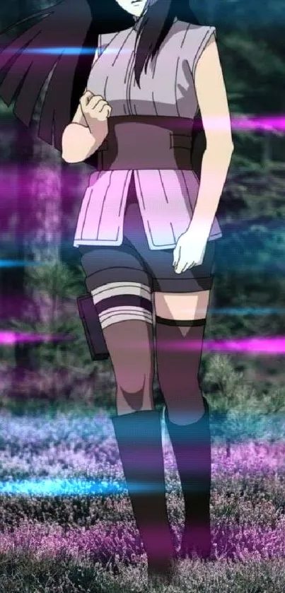 Anime character in a colorful enchanted forest with pink and blue streaks.