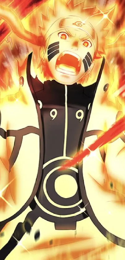 Anime character engulfed in fiery aura, vibrant mobile wallpaper.