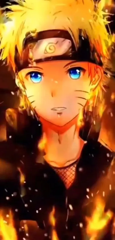 Anime character surrounded by fiery flames.