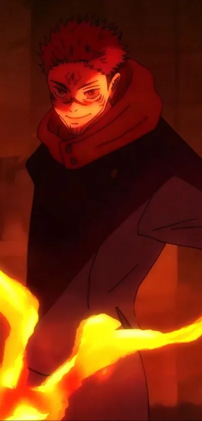 Anime character surrounded by fiery flames in a dramatic wallpaper scene.