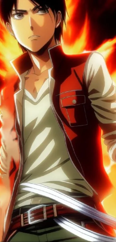 Anime character stands in flames, intense and captivating scene.