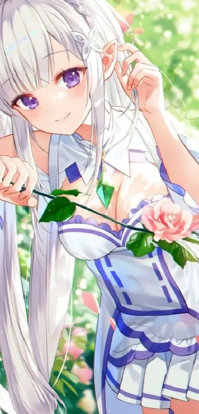 Anime character in a floral setting with vibrant colors.