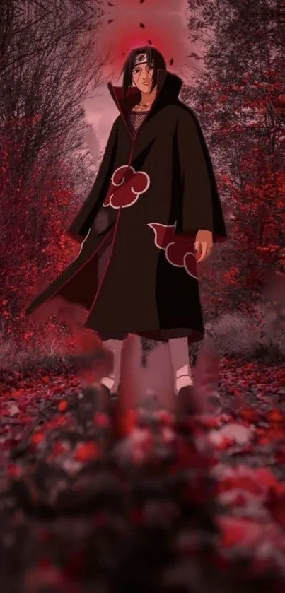 Anime character in a red forest landscape with mystical elements.