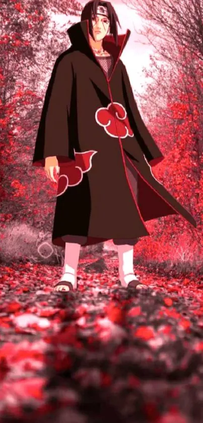 Anime character in a red forest with vibrant leaves and detailed design.