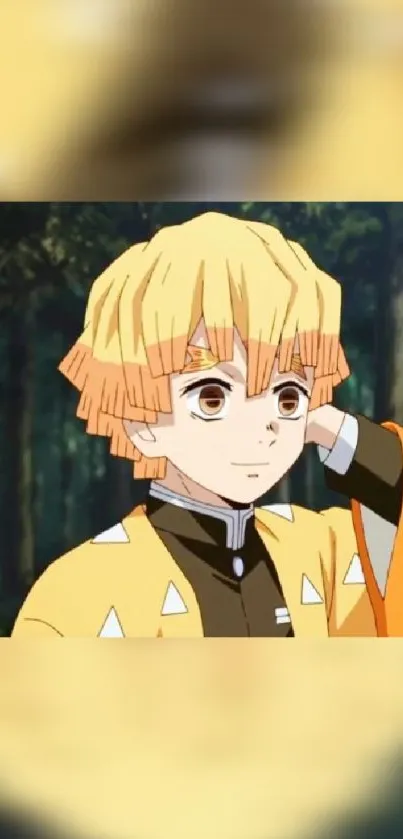 Anime character in orange and yellow outfit set in a forest.