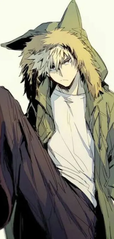 Anime character in green hoodie with fur-lined hood standing stylishly.