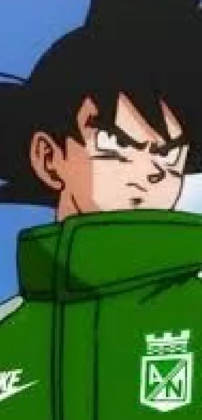 Anime character with spiky hair and green jacket, looking confident.