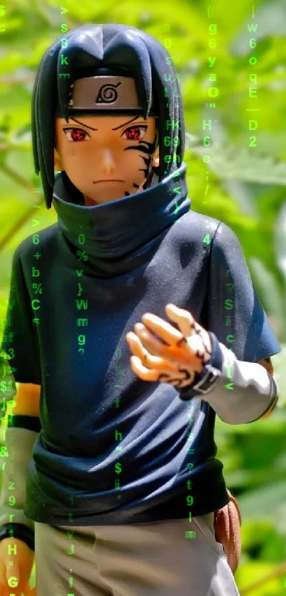 Anime figure standing in greenery with intense eyes and dark attire.