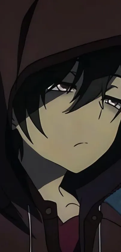 Mysterious anime character in a brown hoodie, gazing thoughtfully.