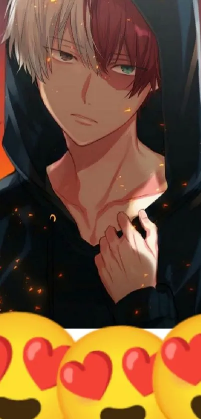 Anime character in a hoodie with a fiery orange background.