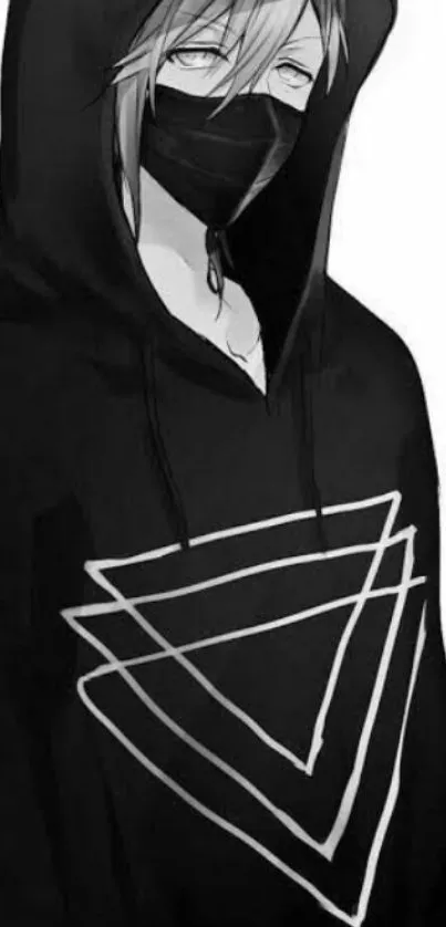 Anime character in black hoodie with geometric pattern mask.